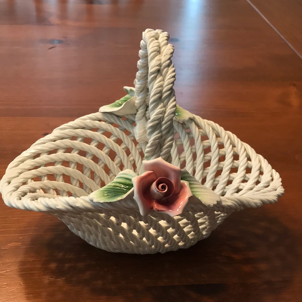 White Ceramic Woven Basket with Pink Rose Accent